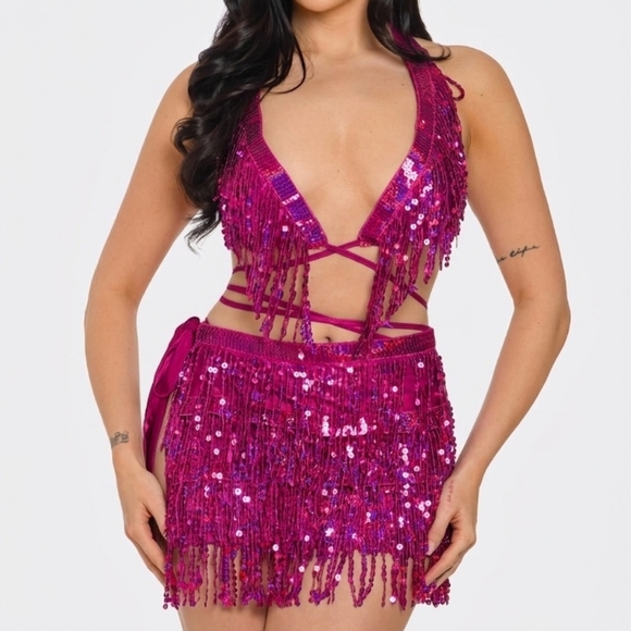 Bear Dance Other - NEW NWT PINK UpCOACHELLA Sequin Bikini Top And Fringe Bottom Festival Set large
